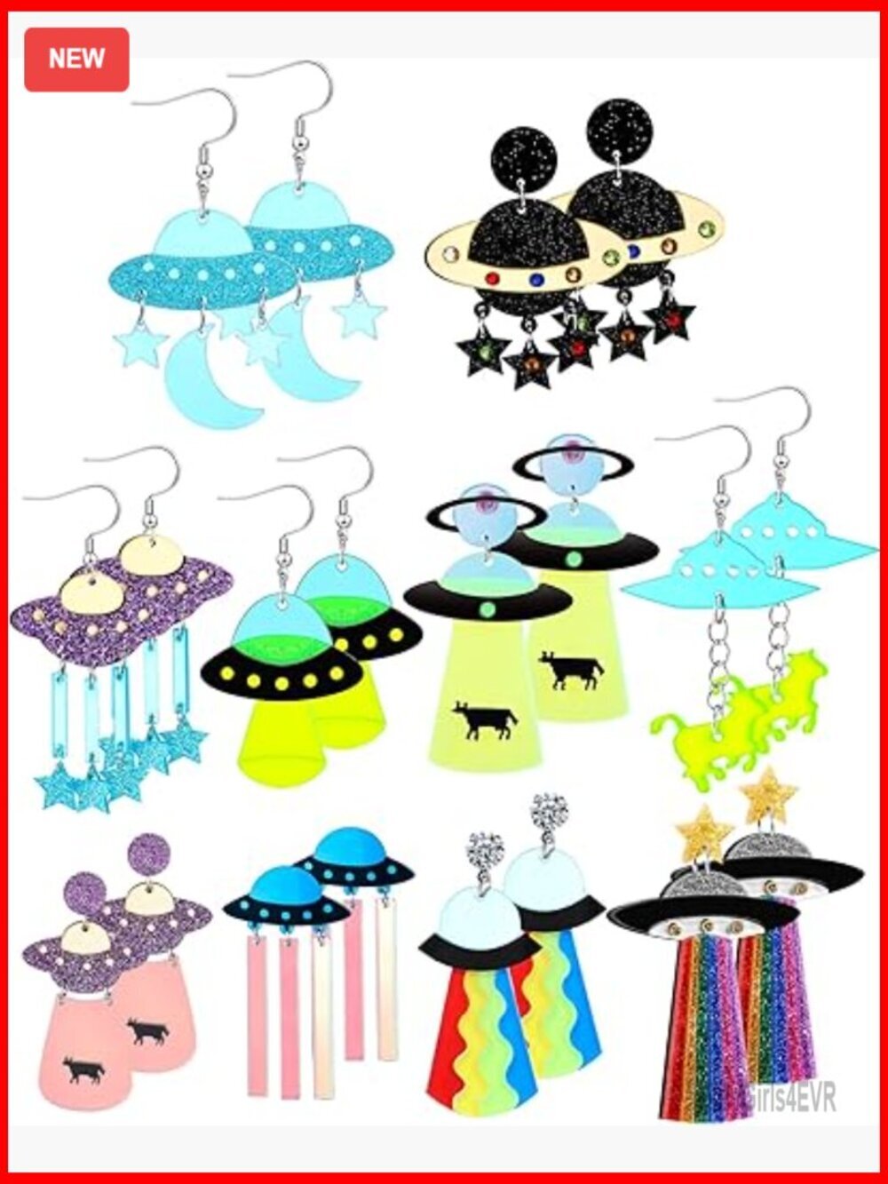 10 Pairs UFO Alien Acrylic Dangle Earrings Novelty Fun Jewelry Women